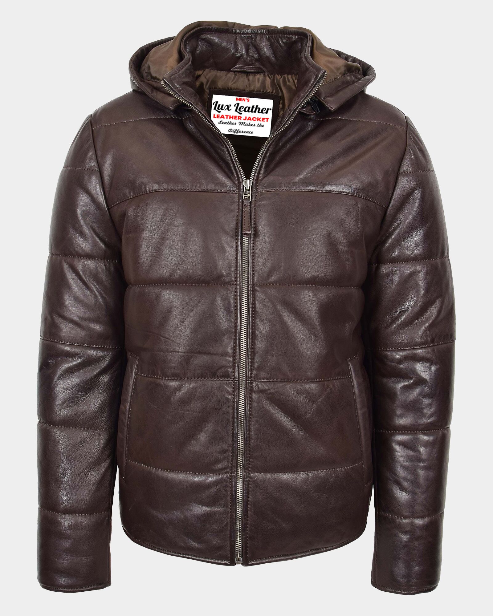 Mens Leather Hooded Puffer Jacket Zenith Brown