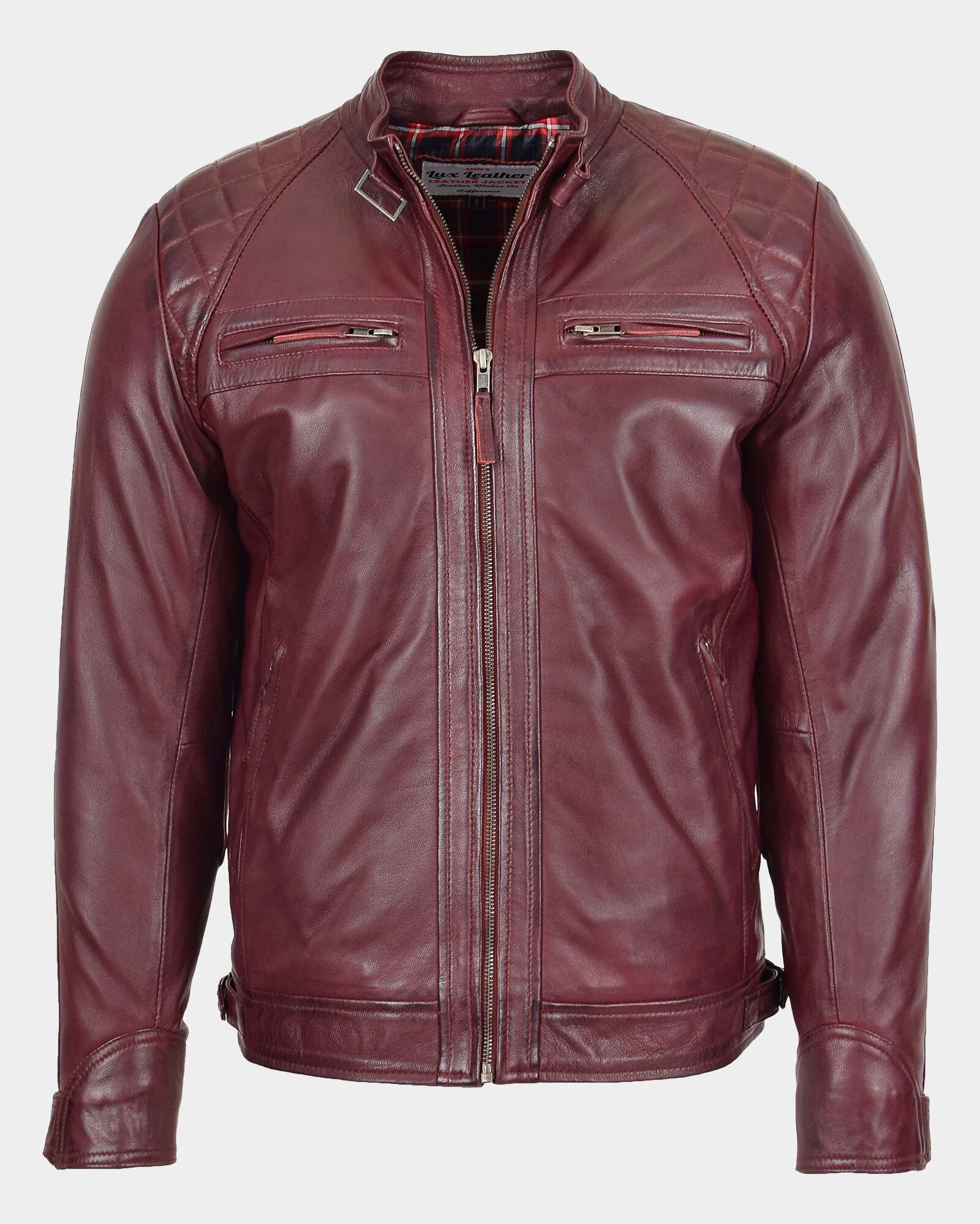 Mens Biker Leather Jacket Standing Collar Bowie Burgundy