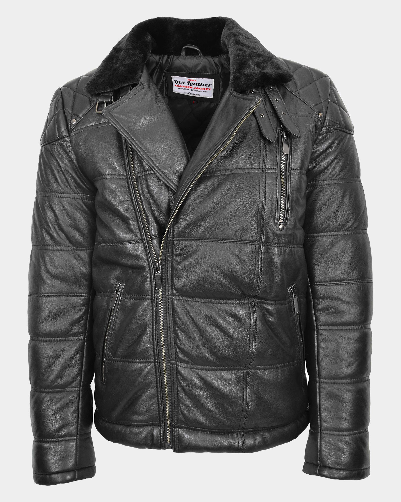 Mens Leather Biker Style Puffer Jacket Ronnie Nova Black