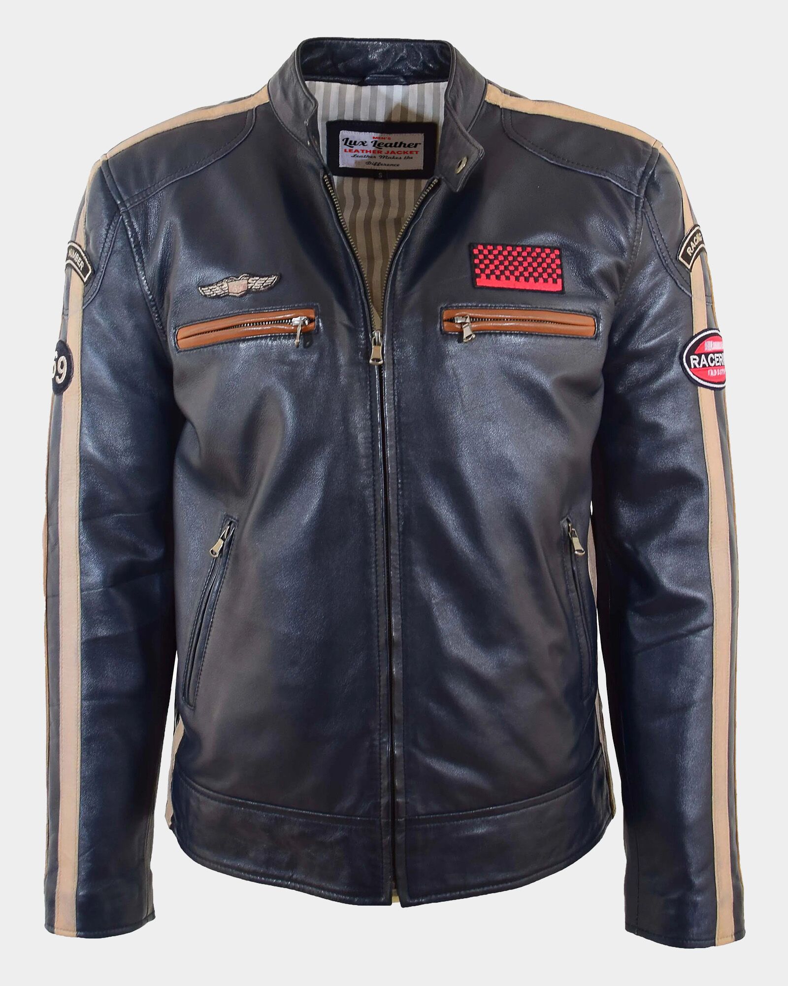 Mens Real Leather Biker Jacket Cafe Racer Style Badges TRON Luna Navy