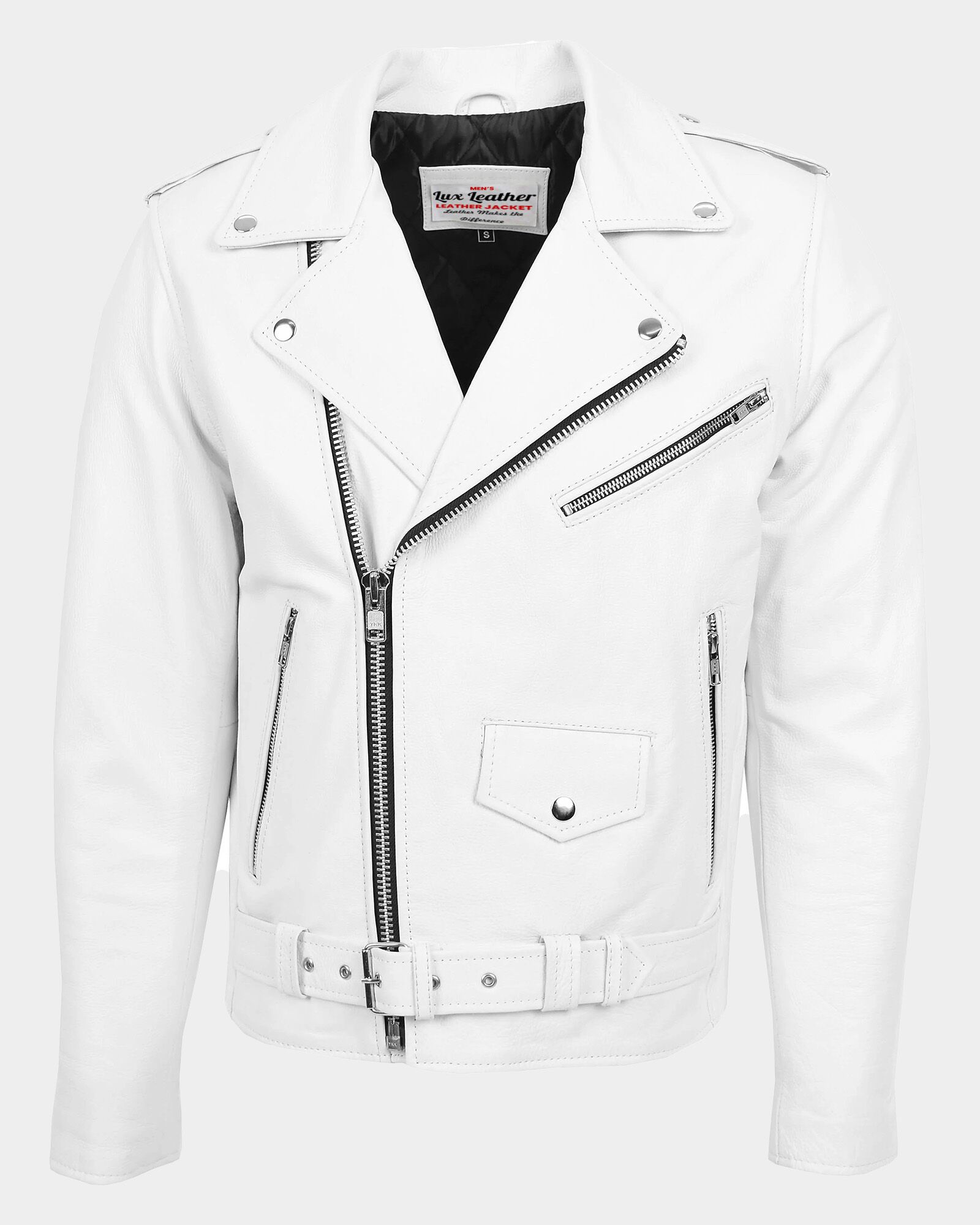 Mens Heavy Duty Leather Biker Brando Jacket Astral White